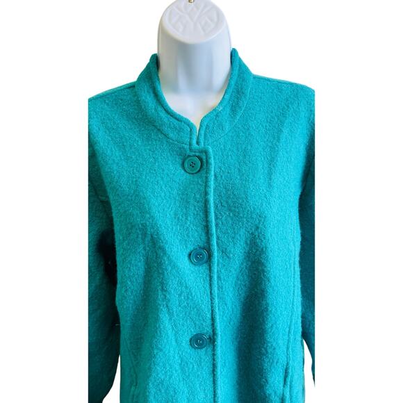 💙 Norm Thompson Turquoise Wool Coat Button Front Classic Long Jacket Size M - Picture 2 of 4